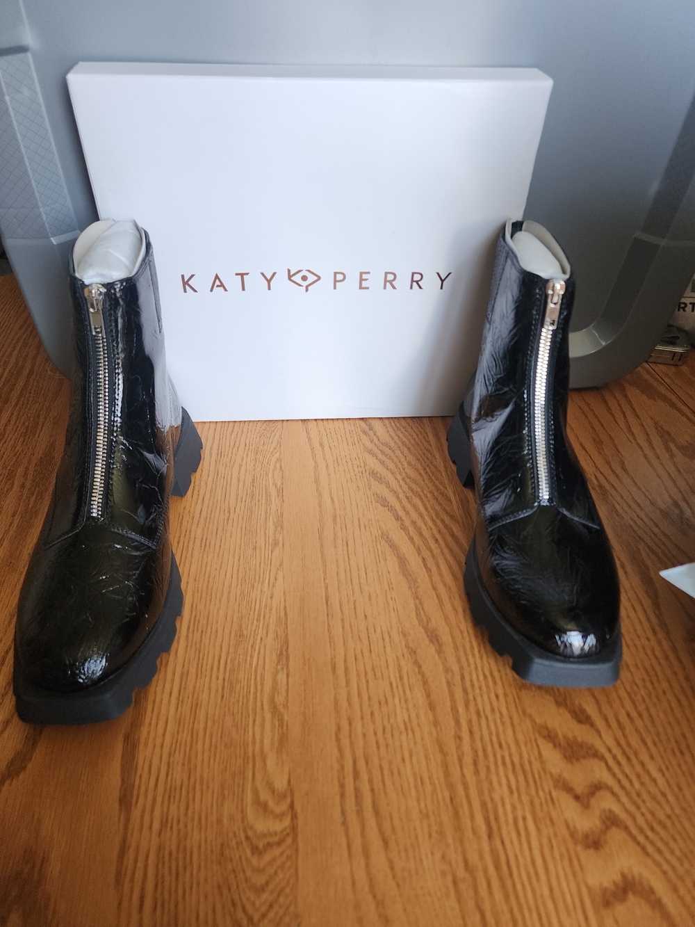Katy Perry Collections Black Patent Leather Ankle Boots with Front Zipper